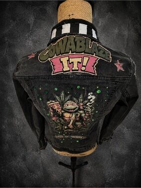 Upcycled TMNT Inspired Black Denim Jacket | Pizza Puff | Women’s Small
